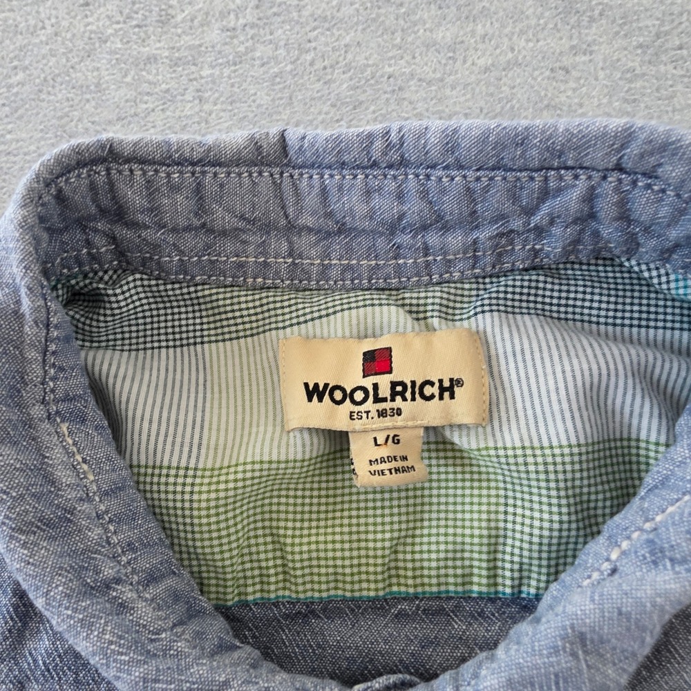Woolrich Mens Blue Cotton Chambray Short Sleeve Button Down Shirt Large L - Picture 3 of 8